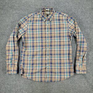 J Crew Button Shirt Men Large Beige Blue Plaid Collared Long Sleeve Pocket Adult